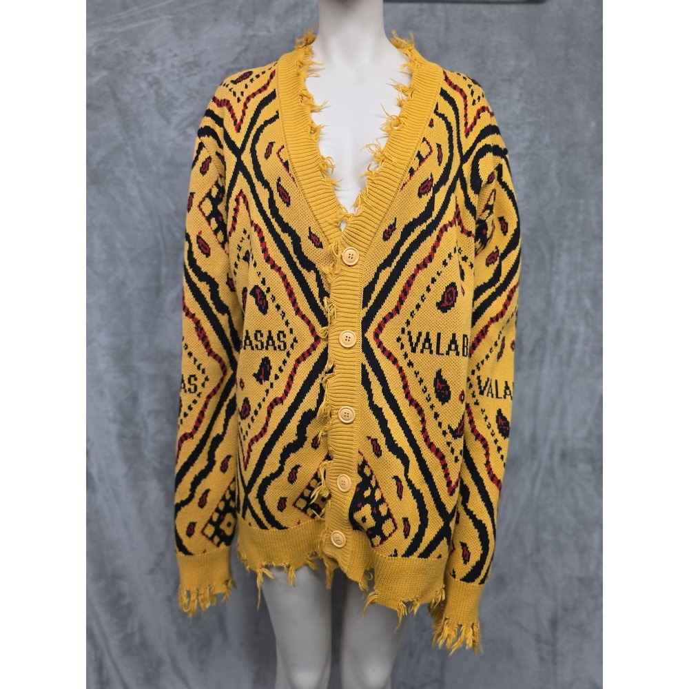 VALABASAS Mens Cardigan Sweater Yellow Paisley Bandana Knit Graphic Large